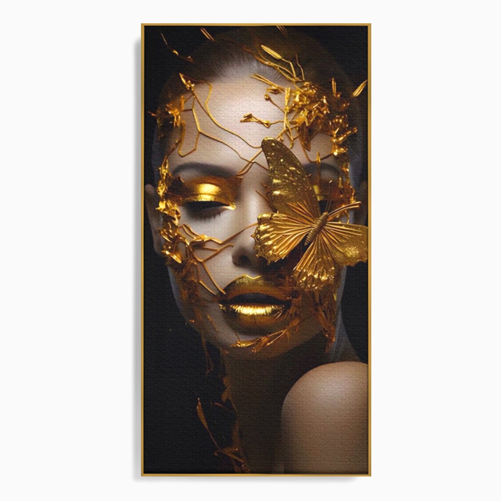 Tablou Canvas Premium LuxCanva® A1425, Gold Butterfly , Living, Frumusete, Femeie, Fluturi, Auriu, Decorativ, Culori Vibrante