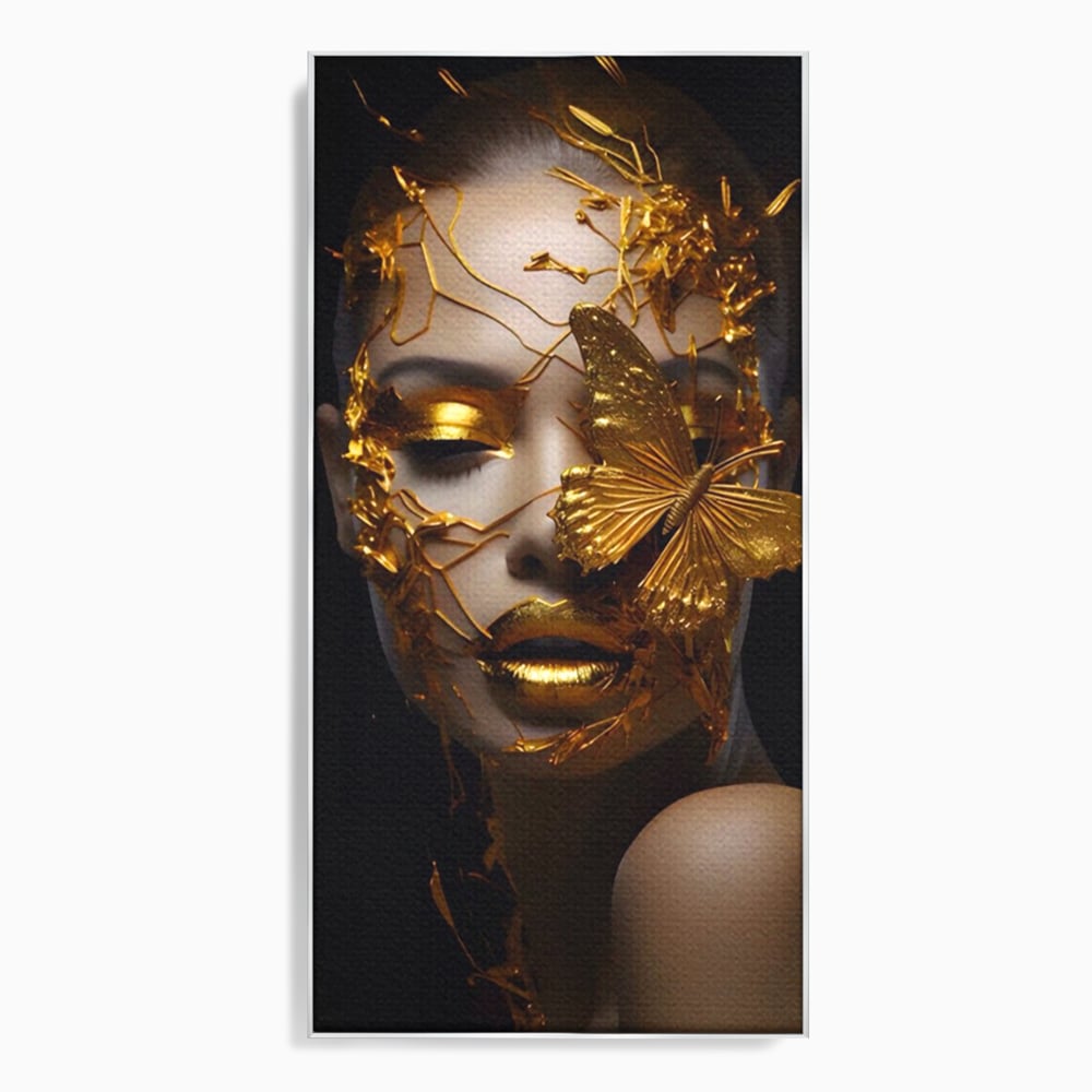 Tablou Canvas Premium LuxCanva® A1425, Gold Butterfly , Living, Frumusete, Femeie, Fluturi, Auriu, Decorativ, Culori Vibrante