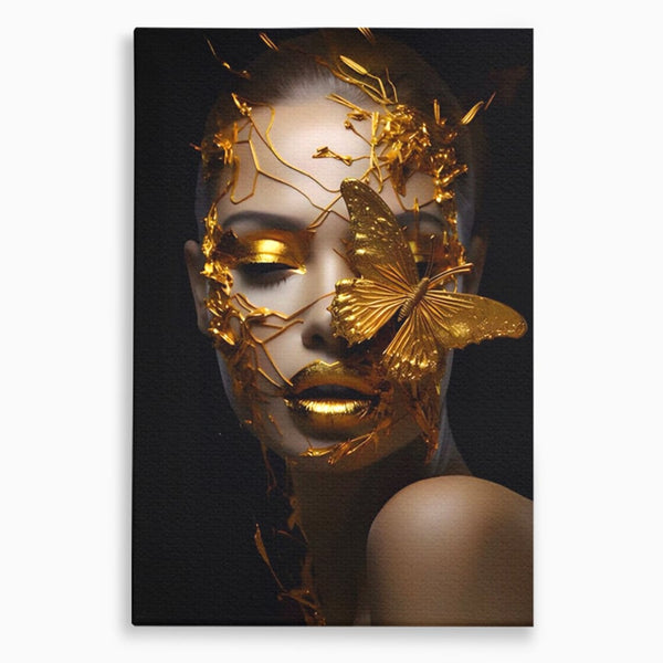 Tablou Canvas Premium LuxCanva® A1425, Gold Butterfly , Living, Frumusete, Femeie, Fluturi, Auriu, Decorativ, Culori Vibrante