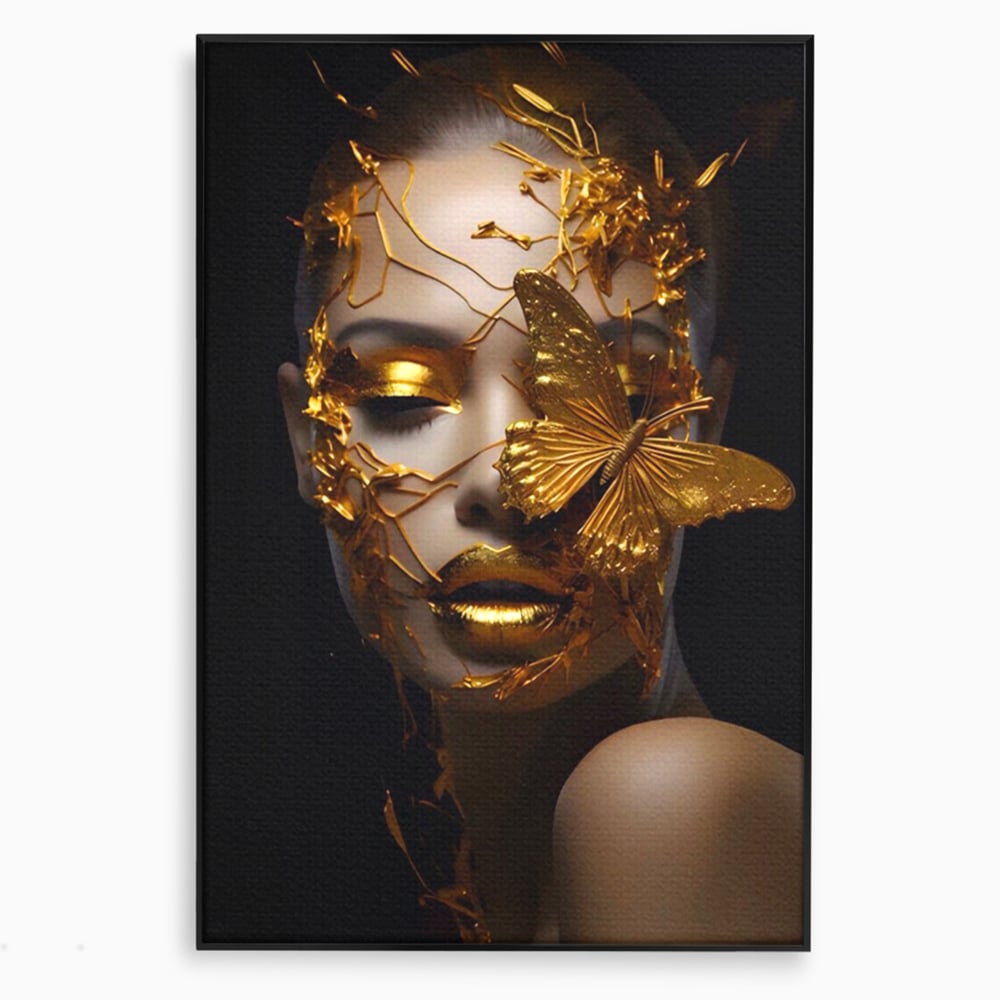 Tablou Canvas Premium LuxCanva® A1425, Gold Butterfly , Living, Frumusete, Femeie, Fluturi, Auriu, Decorativ, Culori Vibrante