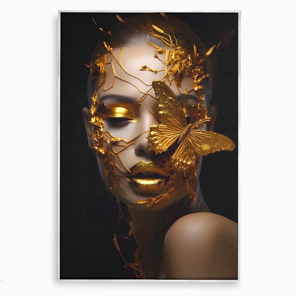 Tablou Canvas Premium LuxCanva® A1425, Gold Butterfly , Living, Frumusete, Femeie, Fluturi, Auriu, Decorativ, Culori Vibrante