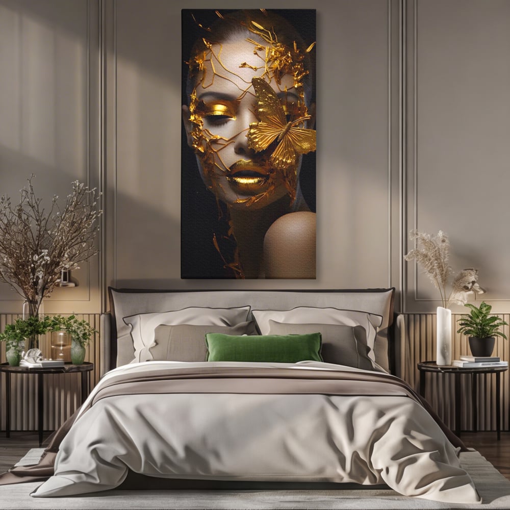 Tablou Canvas Premium LuxCanva® A1425, Gold Butterfly , Living, Frumusete, Femeie, Fluturi, Auriu, Decorativ, Culori Vibrante