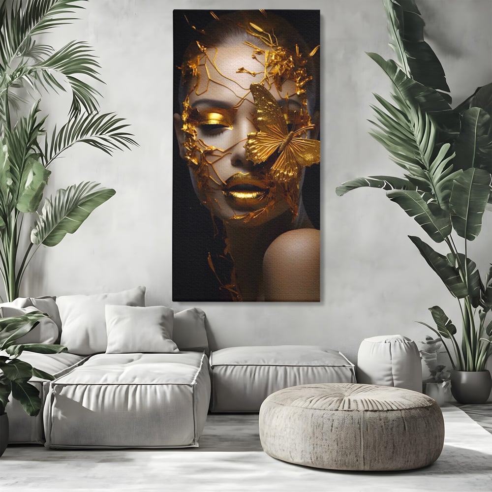 Tablou Canvas Premium LuxCanva® A1425, Gold Butterfly , Living, Frumusete, Femeie, Fluturi, Auriu, Decorativ, Culori Vibrante