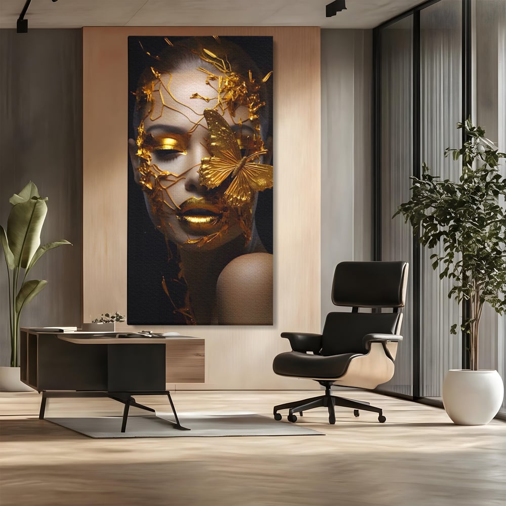Tablou Canvas Premium LuxCanva® A1425, Gold Butterfly , Living, Frumusete, Femeie, Fluturi, Auriu, Decorativ, Culori Vibrante