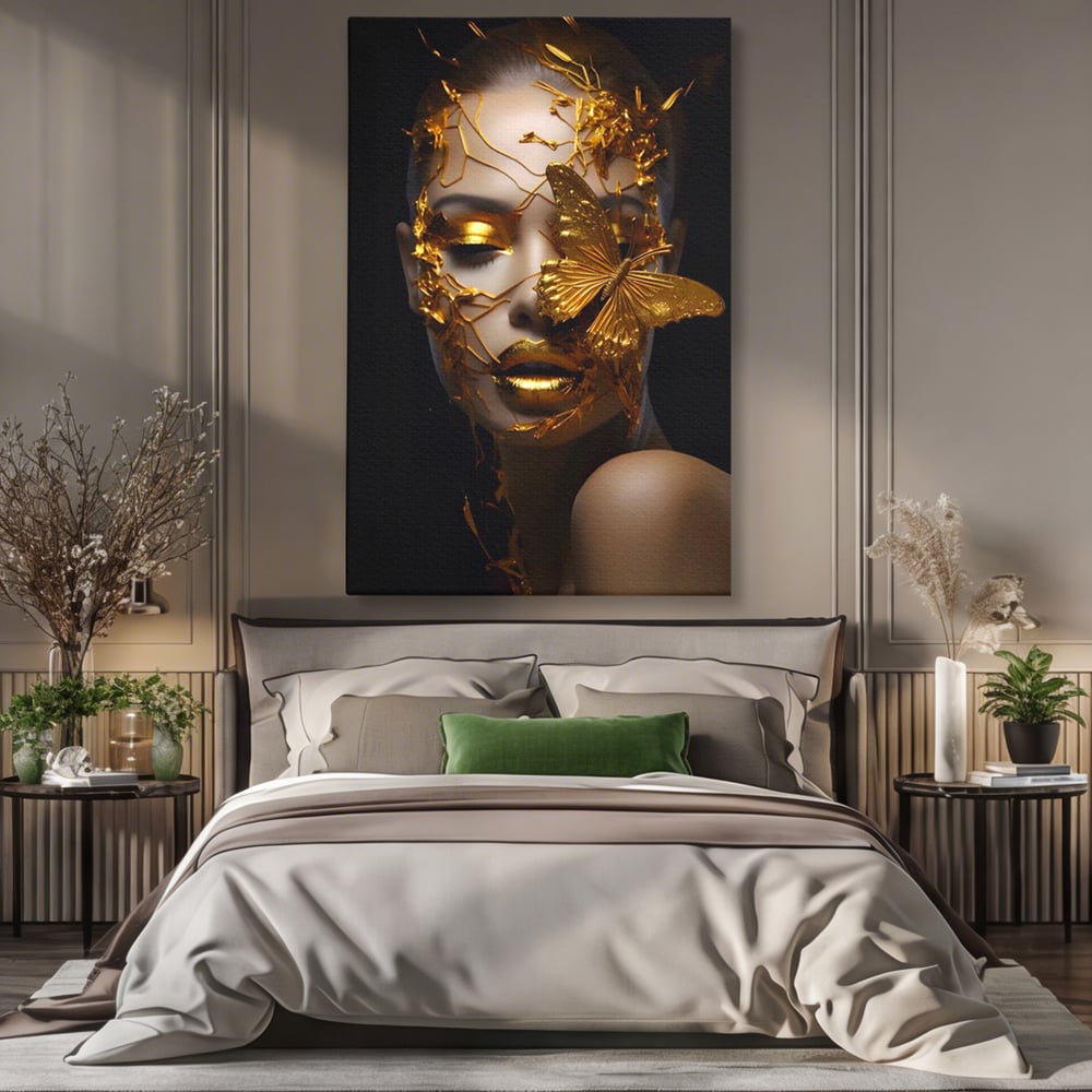 Tablou Canvas Premium LuxCanva® A1425, Gold Butterfly , Living, Frumusete, Femeie, Fluturi, Auriu, Decorativ, Culori Vibrante