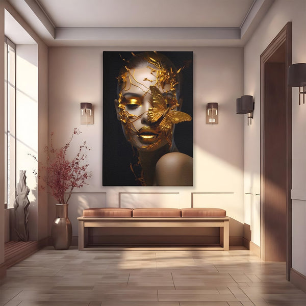 Tablou Canvas Premium LuxCanva® A1425, Gold Butterfly , Living, Frumusete, Femeie, Fluturi, Auriu, Decorativ, Culori Vibrante