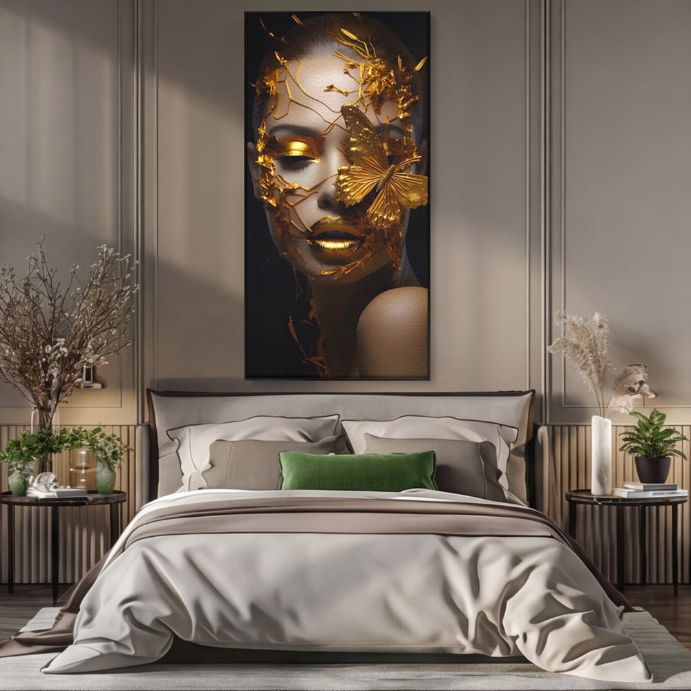 Tablou Canvas Premium LuxCanva® A1425, Gold Butterfly , Living, Frumusete, Femeie, Fluturi, Auriu, Decorativ, Culori Vibrante
