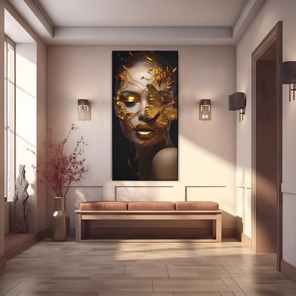 Tablou Canvas Premium LuxCanva® A1425, Gold Butterfly , Living, Frumusete, Femeie, Fluturi, Auriu, Decorativ, Culori Vibrante