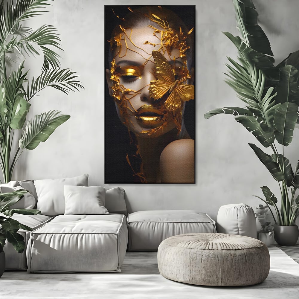 Tablou Canvas Premium LuxCanva® A1425, Gold Butterfly , Living, Frumusete, Femeie, Fluturi, Auriu, Decorativ, Culori Vibrante