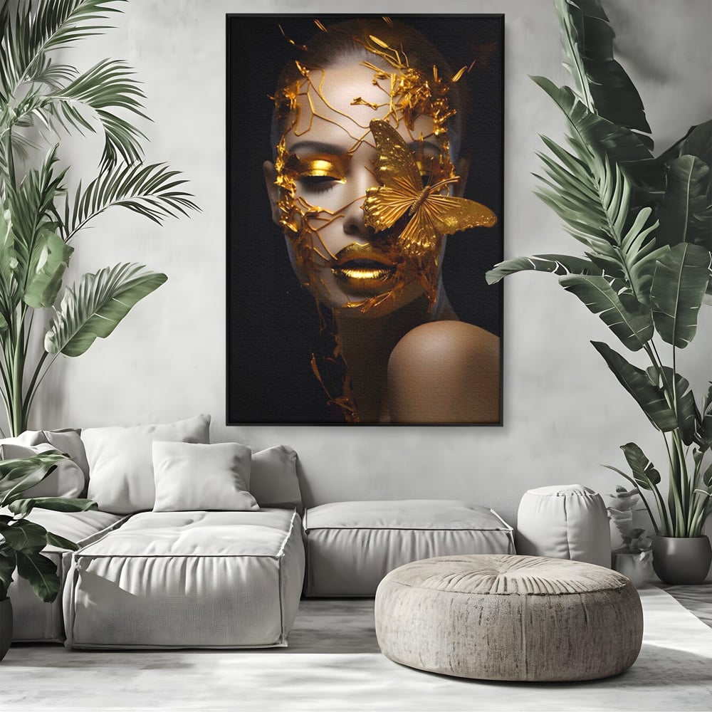 Tablou Canvas Premium LuxCanva® A1425, Gold Butterfly , Living, Frumusete, Femeie, Fluturi, Auriu, Decorativ, Culori Vibrante