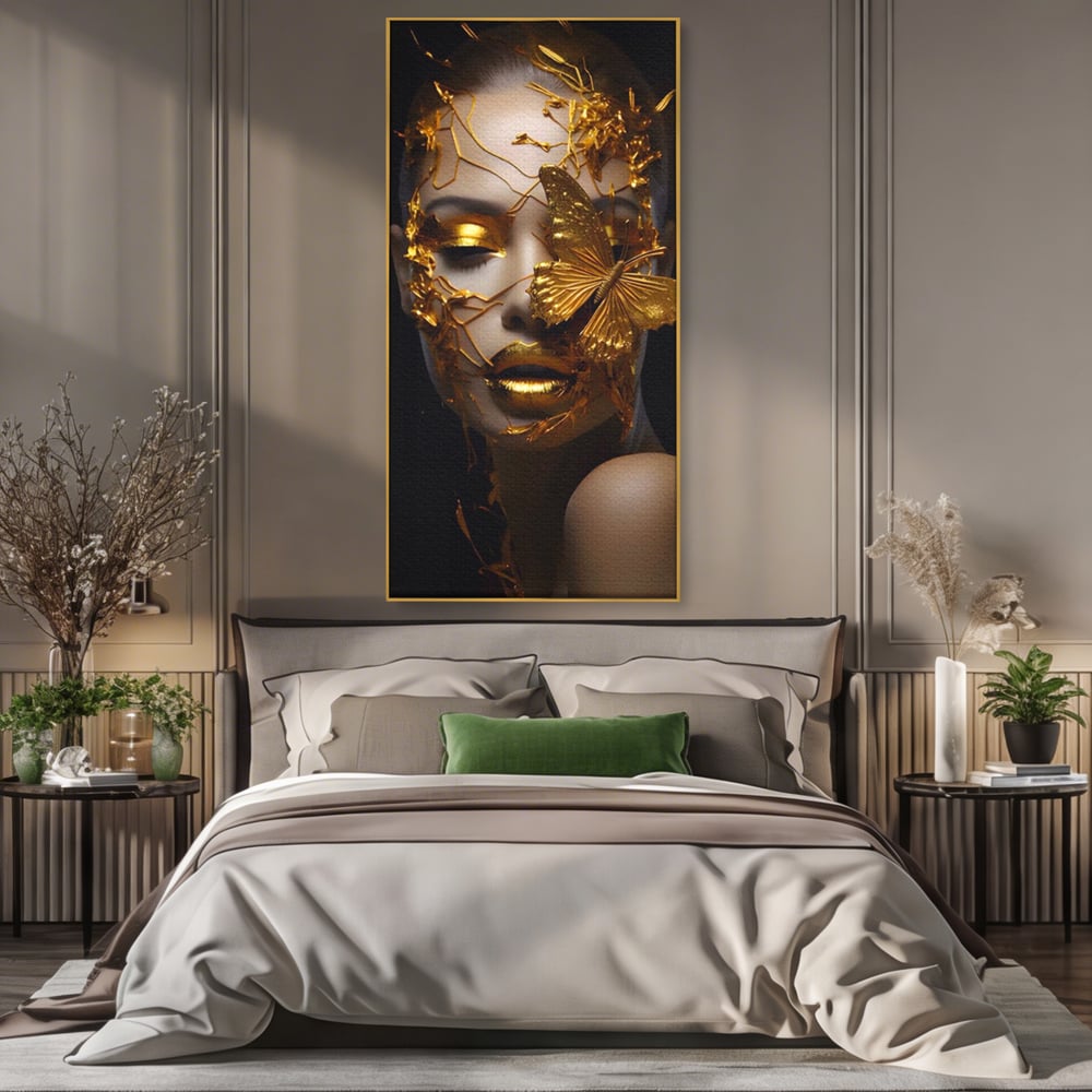 Tablou Canvas Premium LuxCanva® A1425, Gold Butterfly , Living, Frumusete, Femeie, Fluturi, Auriu, Decorativ, Culori Vibrante