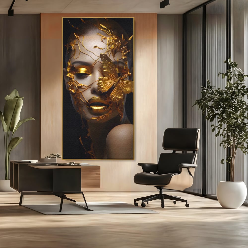 Tablou Canvas Premium LuxCanva® A1425, Gold Butterfly , Living, Frumusete, Femeie, Fluturi, Auriu, Decorativ, Culori Vibrante