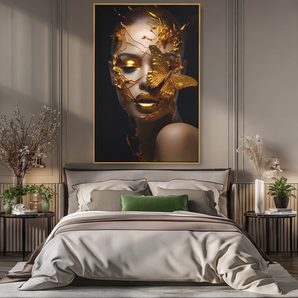 Tablou Canvas Premium LuxCanva® A1425, Gold Butterfly , Living, Frumusete, Femeie, Fluturi, Auriu, Decorativ, Culori Vibrante