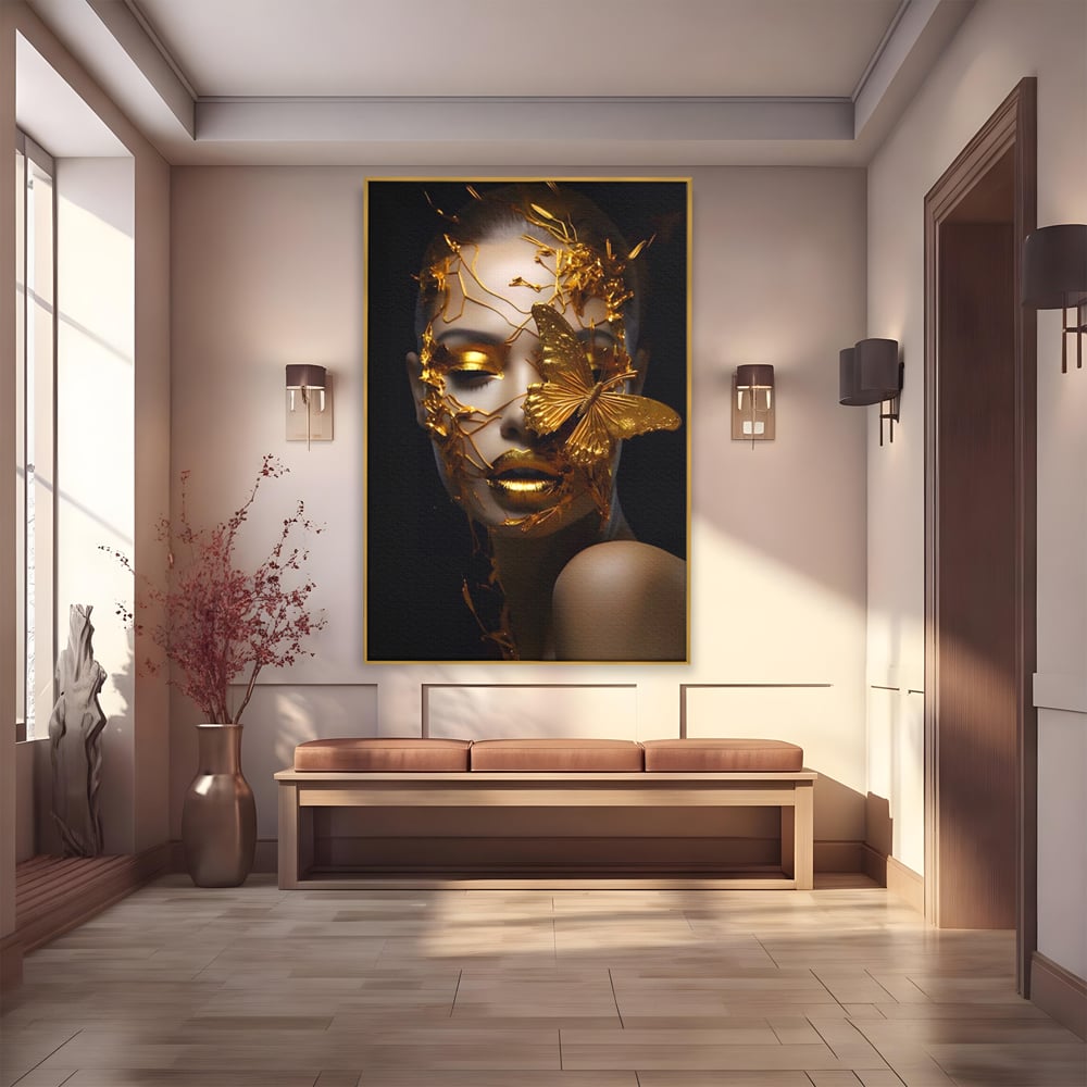 Tablou Canvas Premium LuxCanva® A1425, Gold Butterfly , Living, Frumusete, Femeie, Fluturi, Auriu, Decorativ, Culori Vibrante