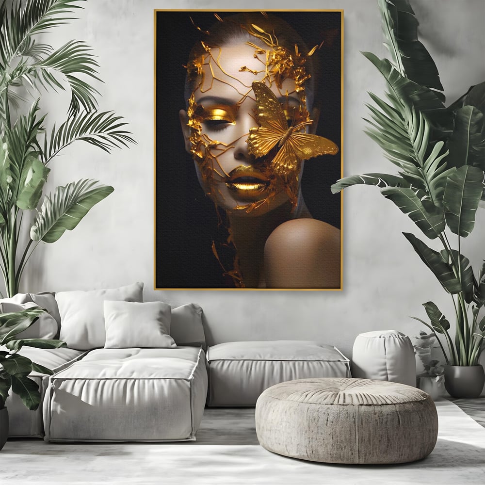 Tablou Canvas Premium LuxCanva® A1425, Gold Butterfly , Living, Frumusete, Femeie, Fluturi, Auriu, Decorativ, Culori Vibrante