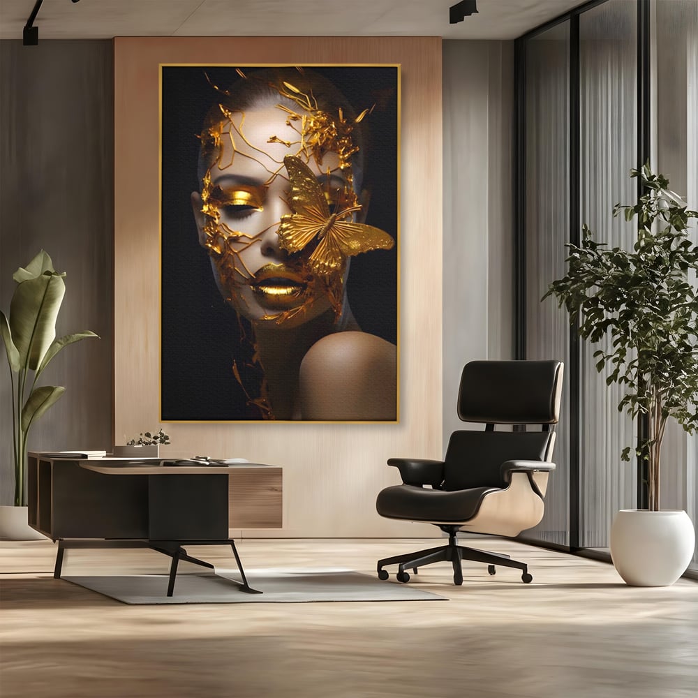 Tablou Canvas Premium LuxCanva® A1425, Gold Butterfly , Living, Frumusete, Femeie, Fluturi, Auriu, Decorativ, Culori Vibrante