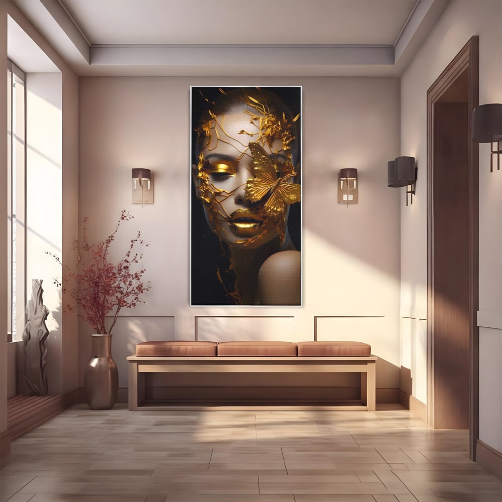 Tablou Canvas Premium LuxCanva® A1425, Gold Butterfly , Living, Frumusete, Femeie, Fluturi, Auriu, Decorativ, Culori Vibrante