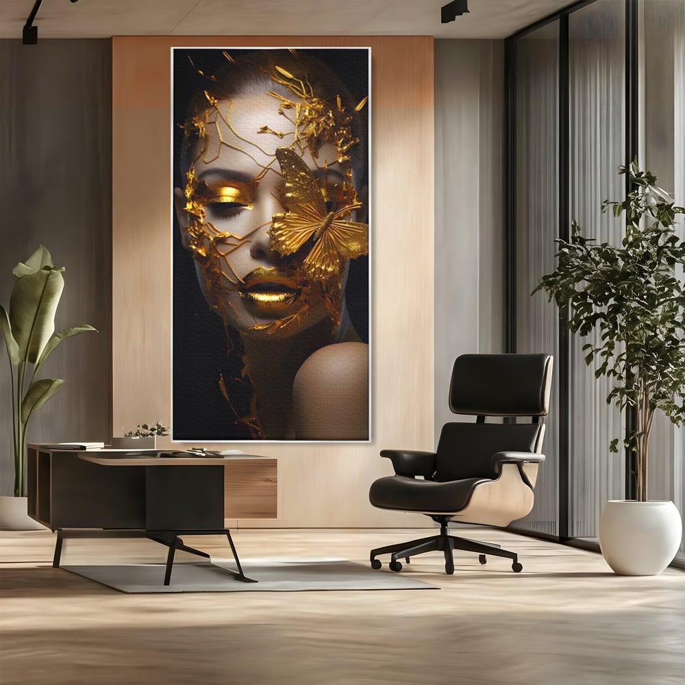 Tablou Canvas Premium LuxCanva® A1425, Gold Butterfly , Living, Frumusete, Femeie, Fluturi, Auriu, Decorativ, Culori Vibrante