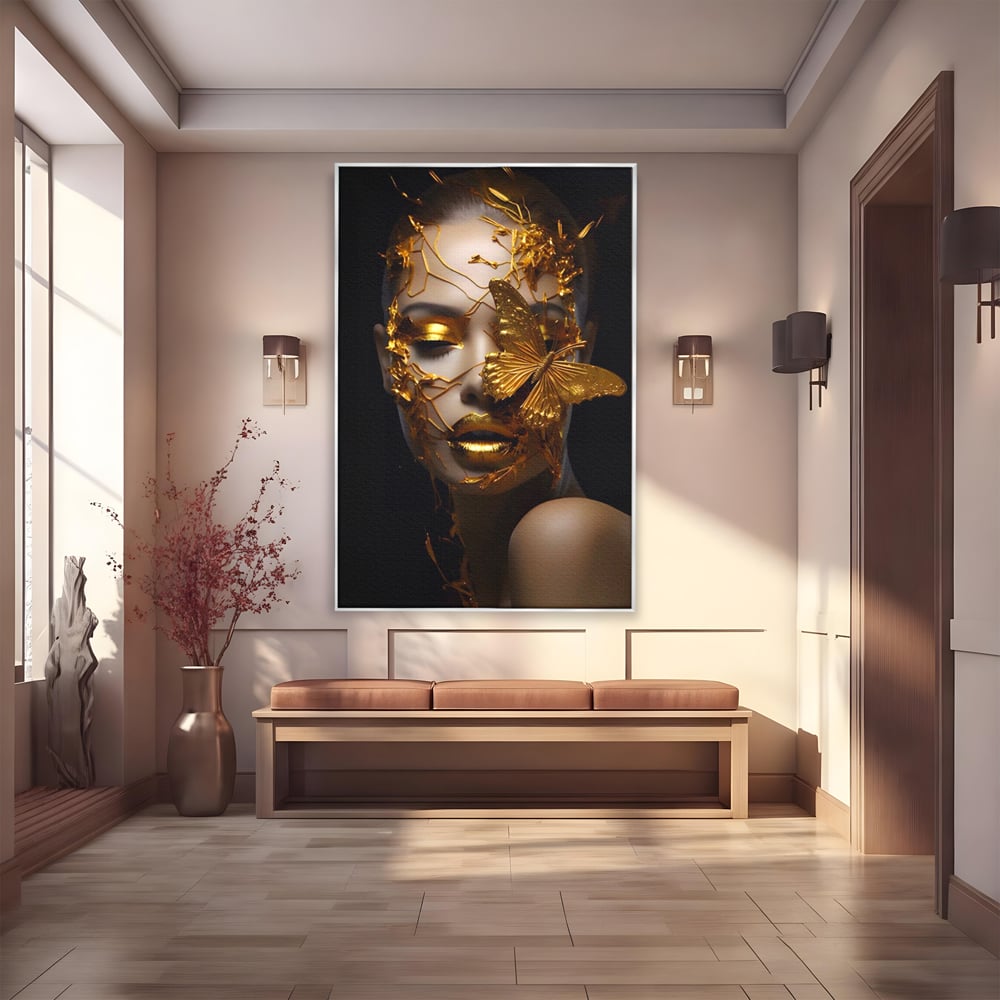 Tablou Canvas Premium LuxCanva® A1425, Gold Butterfly , Living, Frumusete, Femeie, Fluturi, Auriu, Decorativ, Culori Vibrante