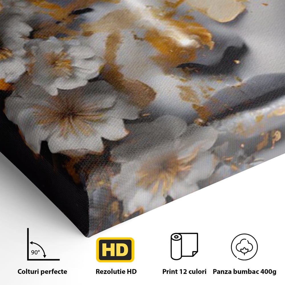 Tablou Canvas Premium LuxCanva® A1428, Face With Flowers , Dormitor, Femeie, Flori, Auriu, Decorativ, Living, Culori Vibrante