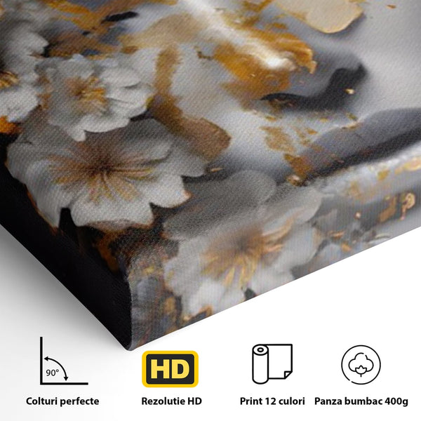 Tablou Canvas Premium LuxCanva® A1428, Face With Flowers , Dormitor, Femeie, Flori, Auriu, Decorativ, Living, Culori Vibrante