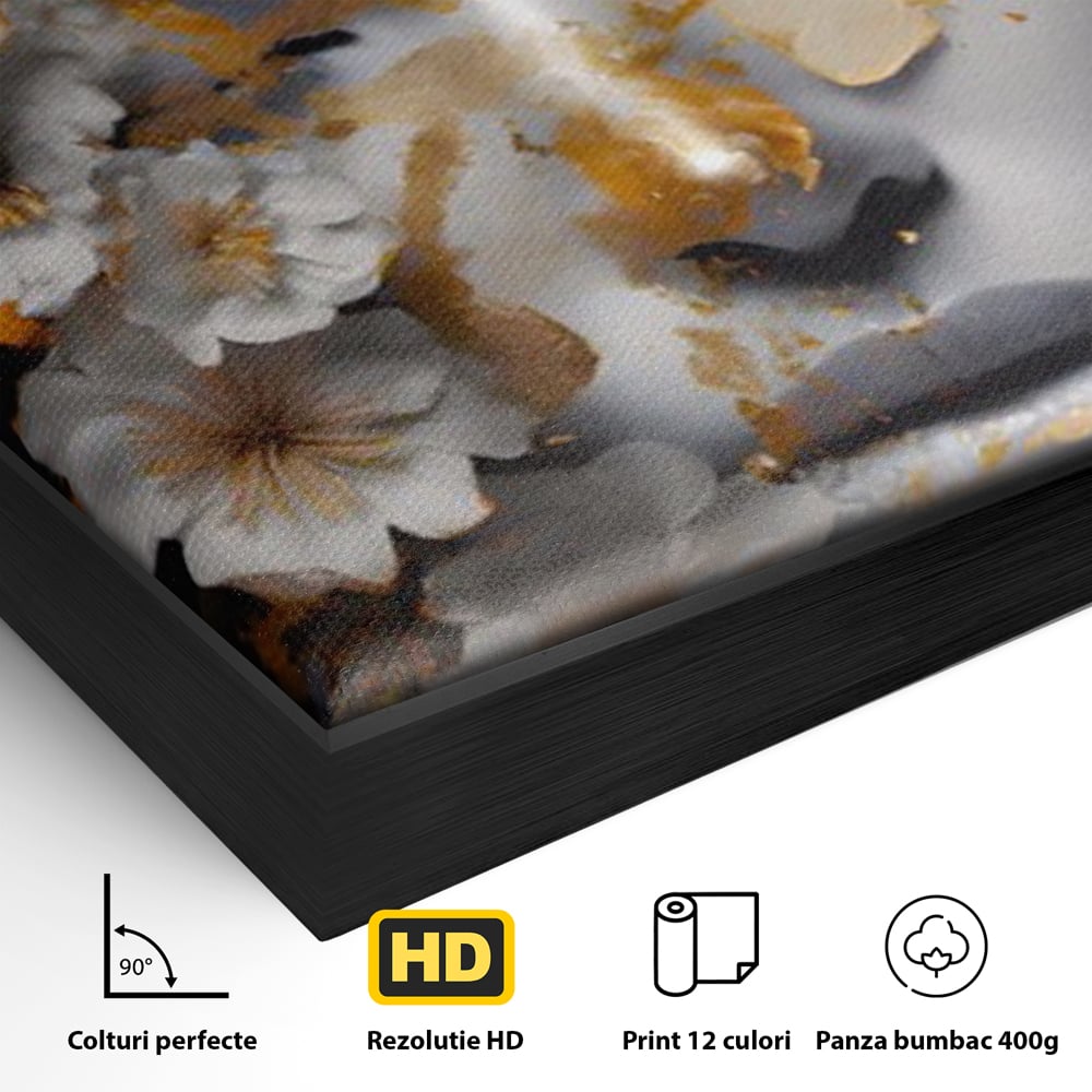 Tablou Canvas Premium LuxCanva® A1428, Face With Flowers , Dormitor, Femeie, Flori, Auriu, Decorativ, Living, Culori Vibrante