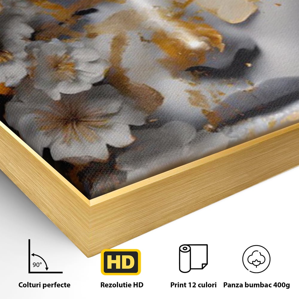 Tablou Canvas Premium LuxCanva® A1428, Face With Flowers , Dormitor, Femeie, Flori, Auriu, Decorativ, Living, Culori Vibrante