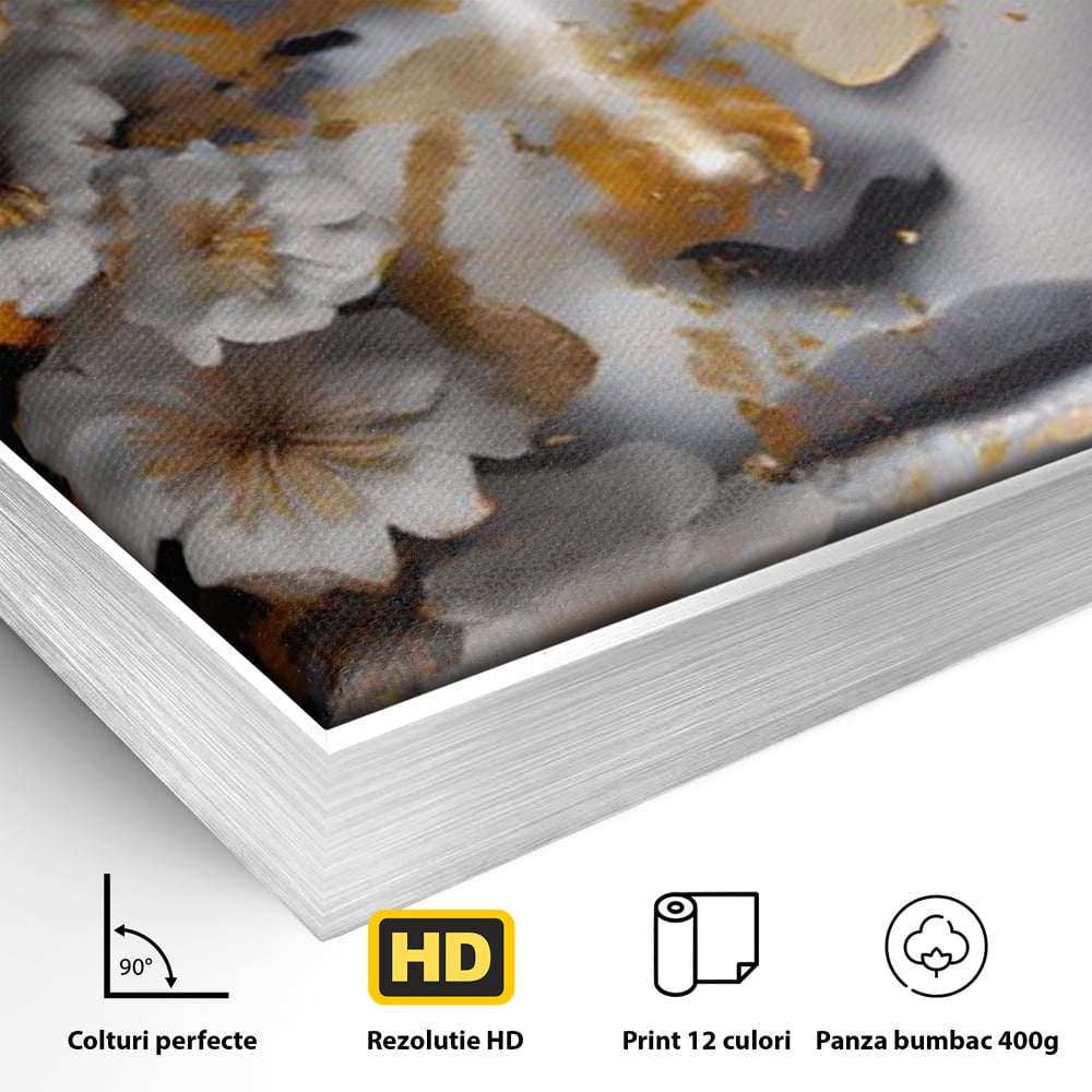 Tablou Canvas Premium LuxCanva® A1428, Face With Flowers , Dormitor, Femeie, Flori, Auriu, Decorativ, Living, Culori Vibrante