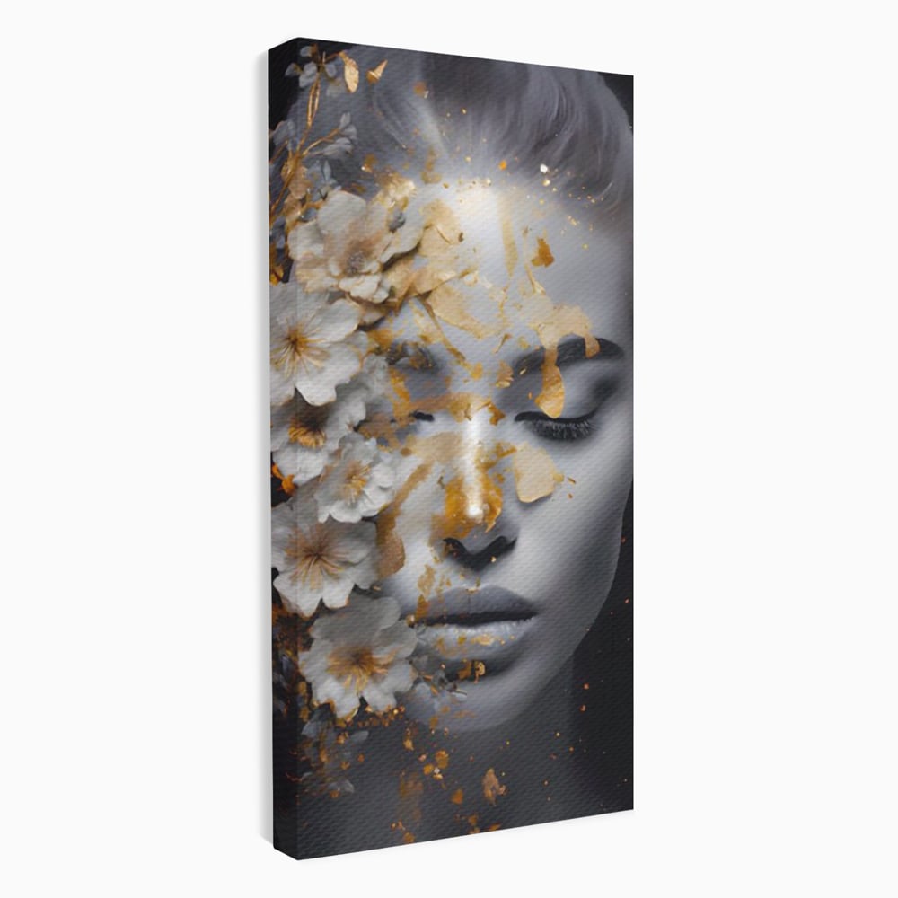 Tablou Canvas Premium LuxCanva® A1428, Face With Flowers , Dormitor, Femeie, Flori, Auriu, Decorativ, Living, Culori Vibrante