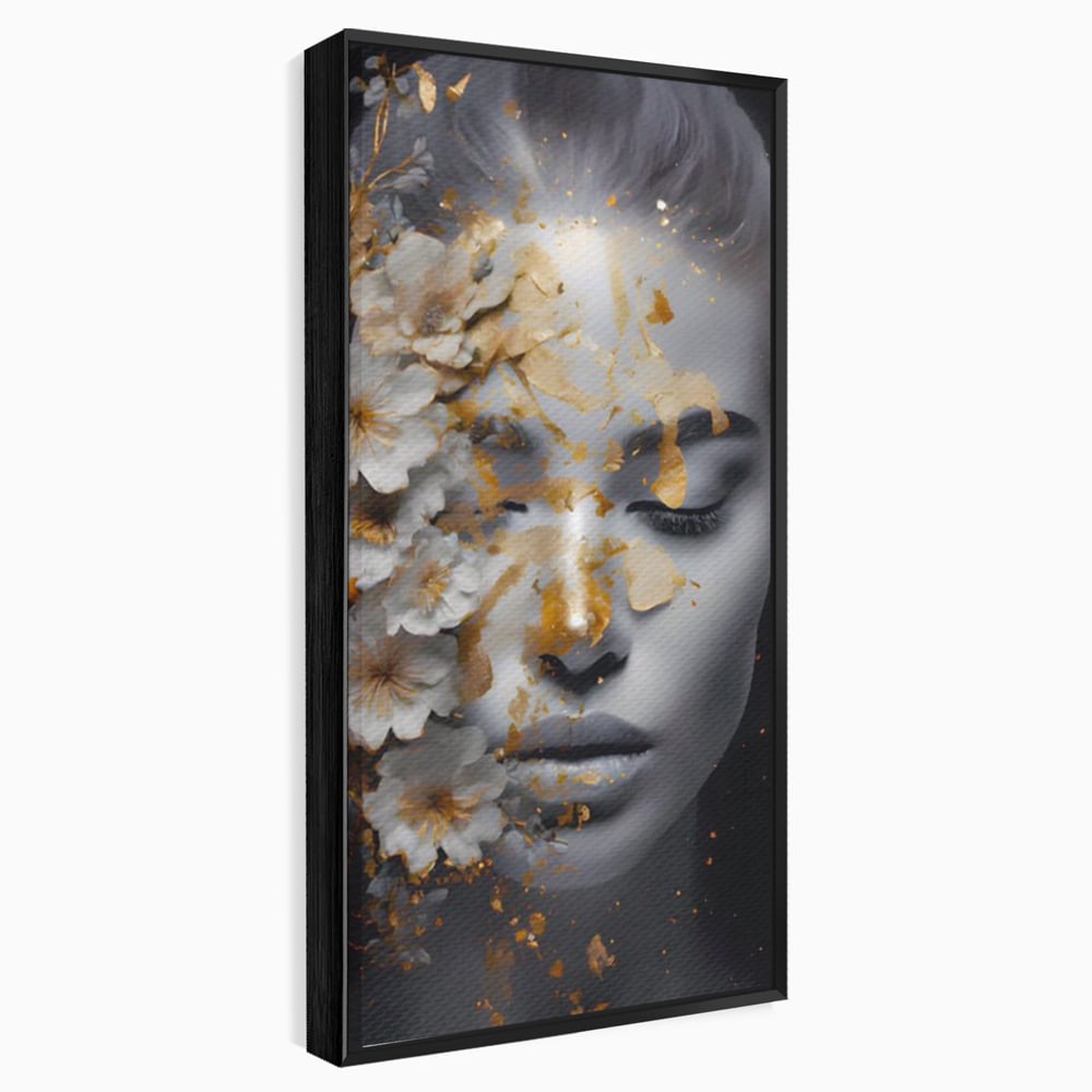 Tablou Canvas Premium LuxCanva® A1428, Face With Flowers , Dormitor, Femeie, Flori, Auriu, Decorativ, Living, Culori Vibrante