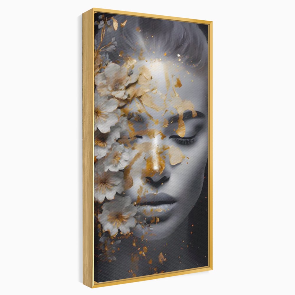 Tablou Canvas Premium LuxCanva® A1428, Face With Flowers , Dormitor, Femeie, Flori, Auriu, Decorativ, Living, Culori Vibrante