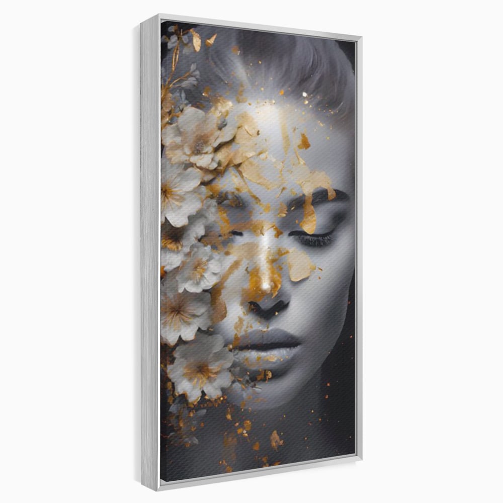 Tablou Canvas Premium LuxCanva® A1428, Face With Flowers , Dormitor, Femeie, Flori, Auriu, Decorativ, Living, Culori Vibrante