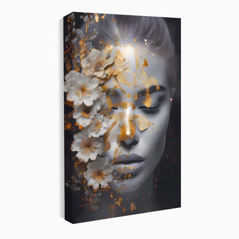 Tablou Canvas Premium LuxCanva® A1428, Face With Flowers , Dormitor, Femeie, Flori, Auriu, Decorativ, Living, Culori Vibrante