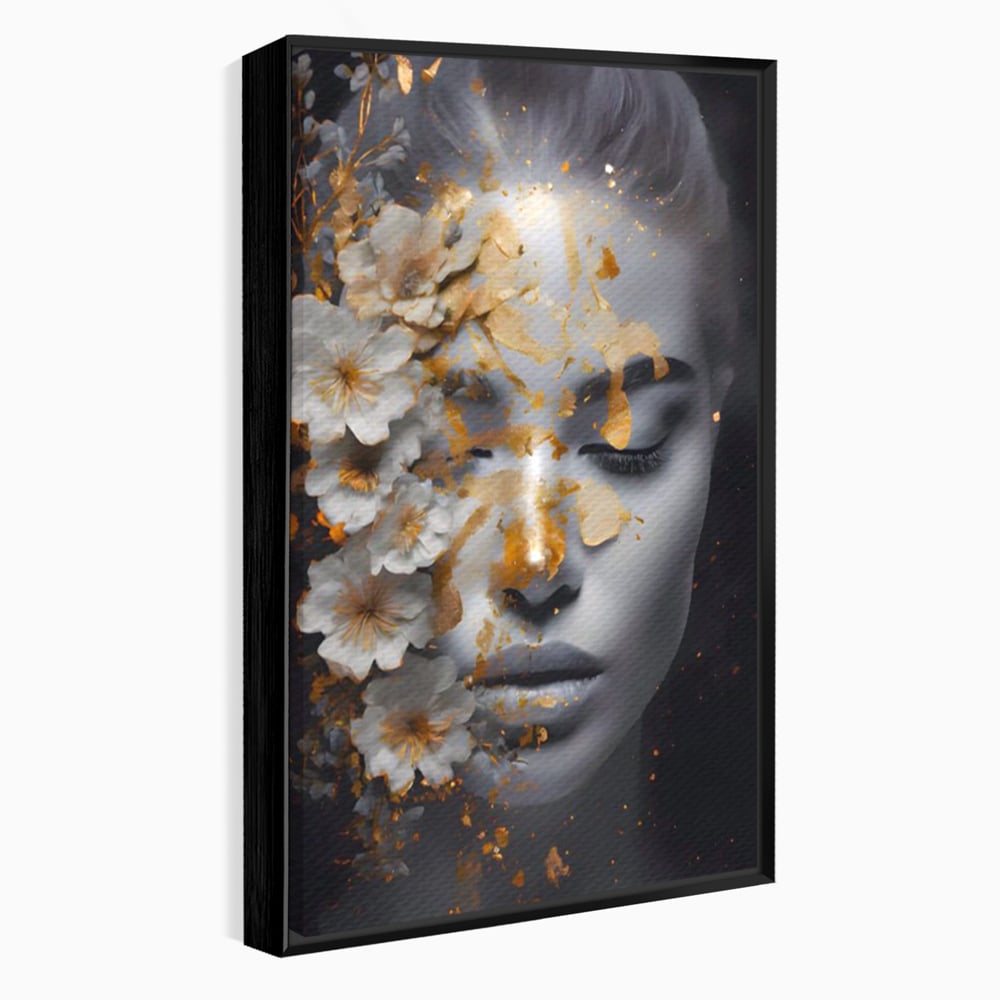 Tablou Canvas Premium LuxCanva® A1428, Face With Flowers , Dormitor, Femeie, Flori, Auriu, Decorativ, Living, Culori Vibrante