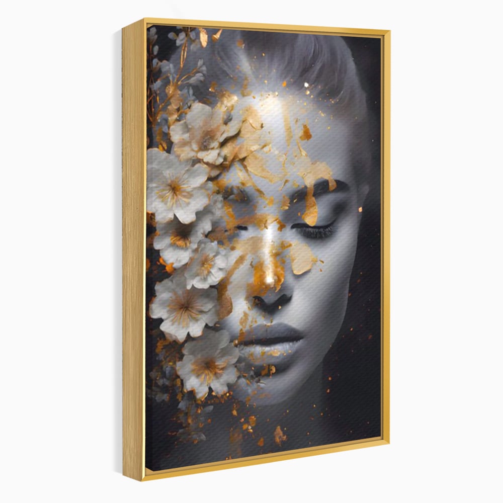 Tablou Canvas Premium LuxCanva® A1428, Face With Flowers , Dormitor, Femeie, Flori, Auriu, Decorativ, Living, Culori Vibrante