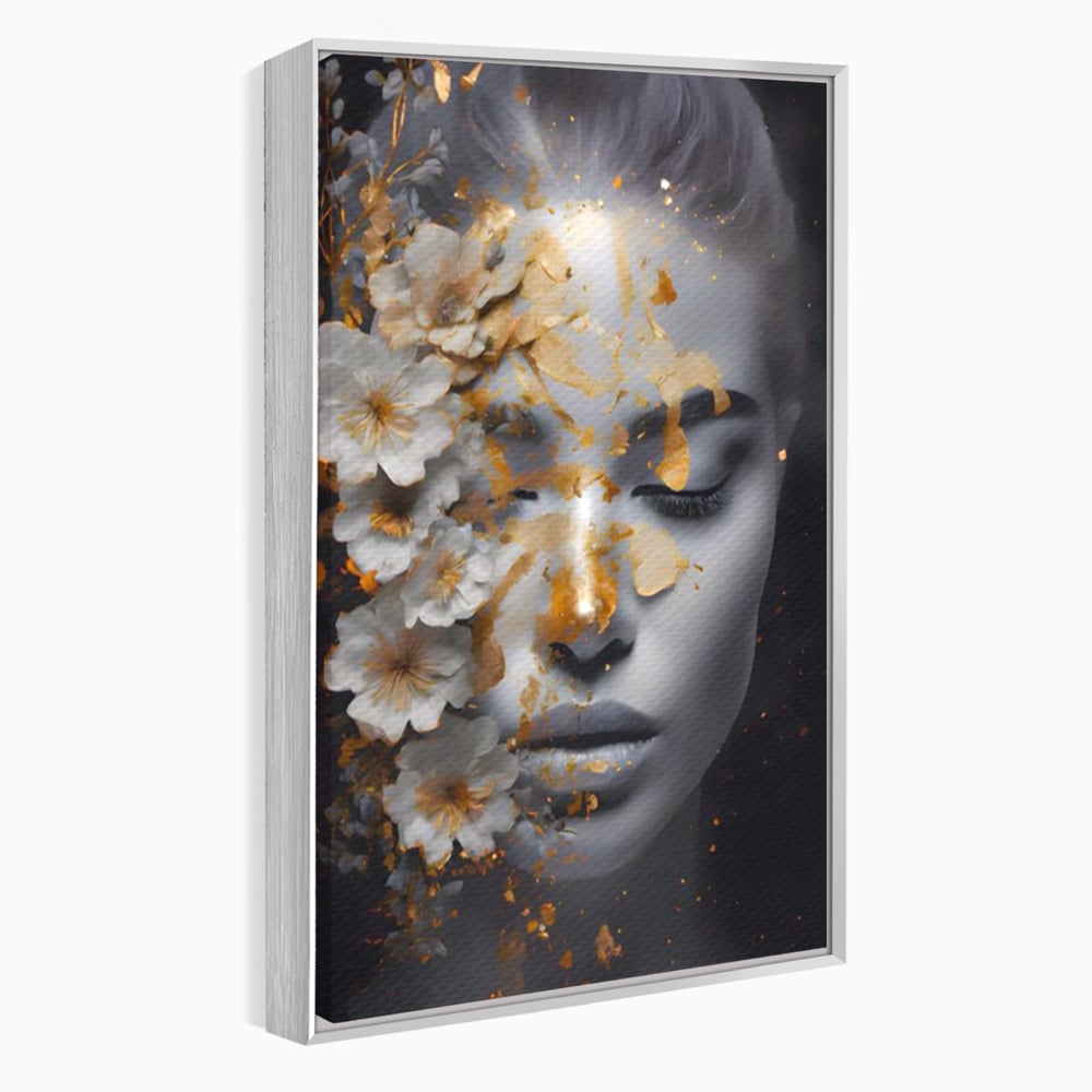 Tablou Canvas Premium LuxCanva® A1428, Face With Flowers , Dormitor, Femeie, Flori, Auriu, Decorativ, Living, Culori Vibrante