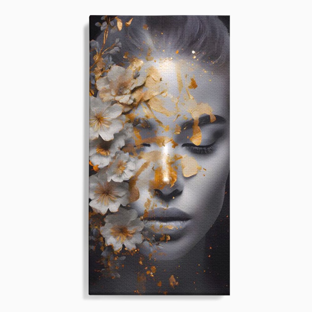 Tablou Canvas Premium LuxCanva® A1428, Face With Flowers , Dormitor, Femeie, Flori, Auriu, Decorativ, Living, Culori Vibrante