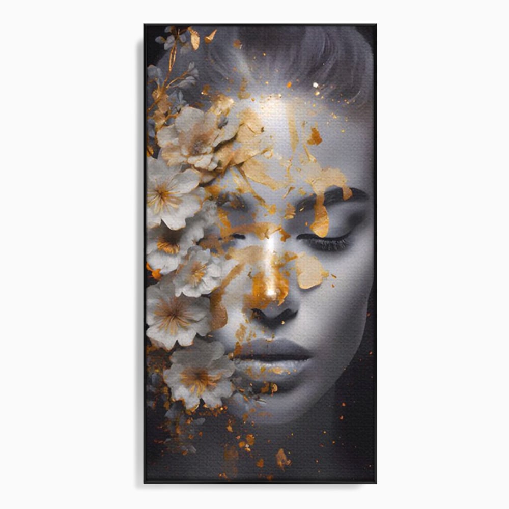 Tablou Canvas Premium LuxCanva® A1428, Face With Flowers , Dormitor, Femeie, Flori, Auriu, Decorativ, Living, Culori Vibrante