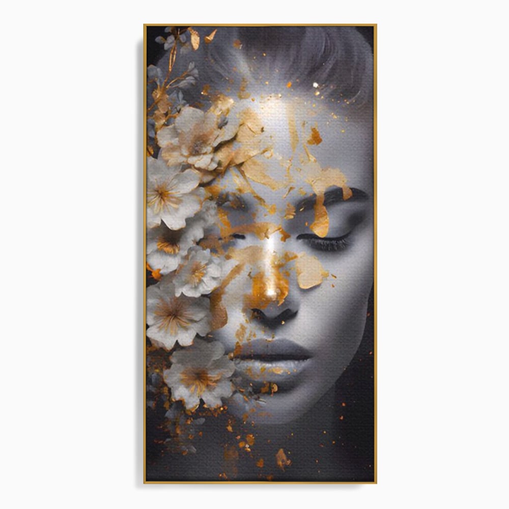 Tablou Canvas Premium LuxCanva® A1428, Face With Flowers , Dormitor, Femeie, Flori, Auriu, Decorativ, Living, Culori Vibrante