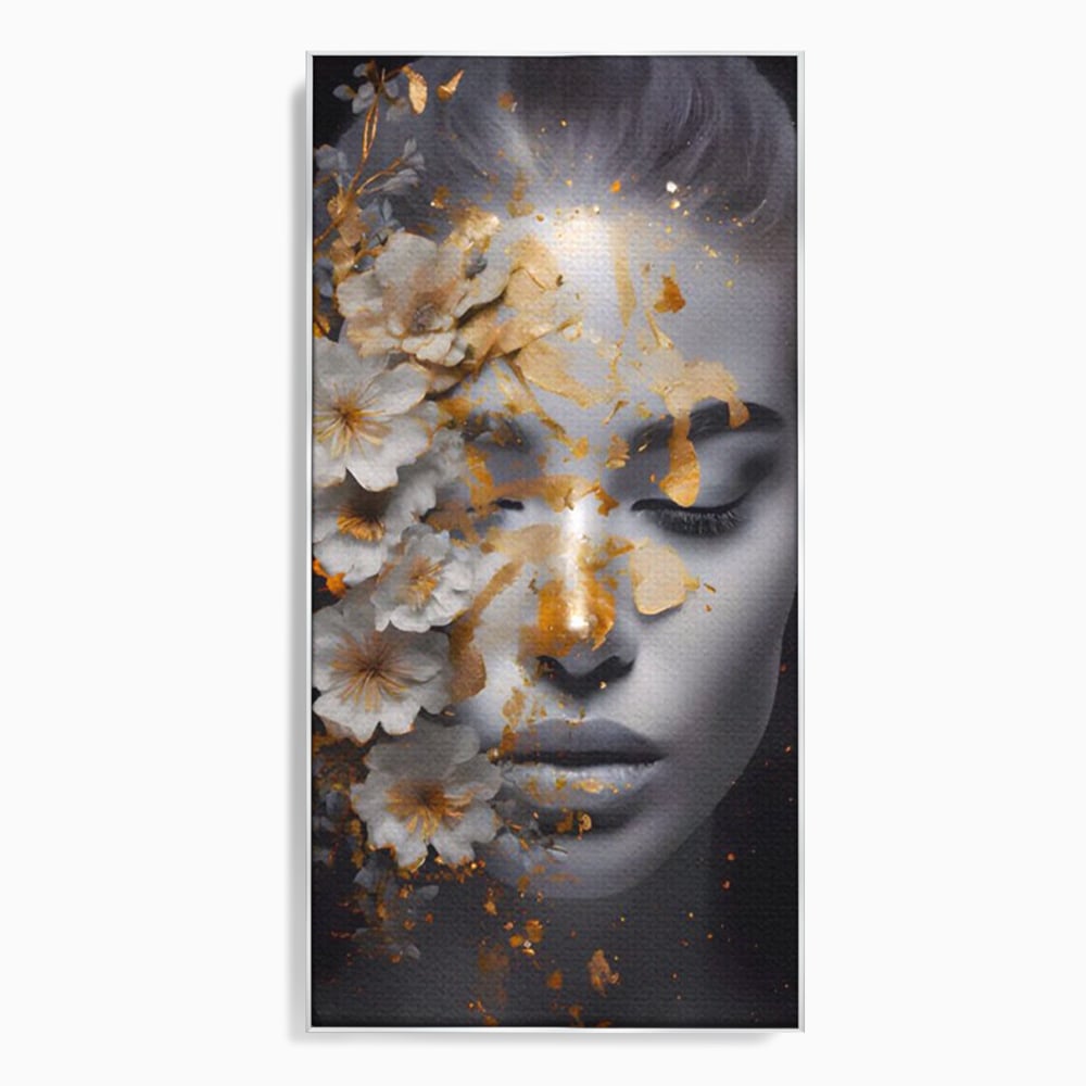 Tablou Canvas Premium LuxCanva® A1428, Face With Flowers , Dormitor, Femeie, Flori, Auriu, Decorativ, Living, Culori Vibrante