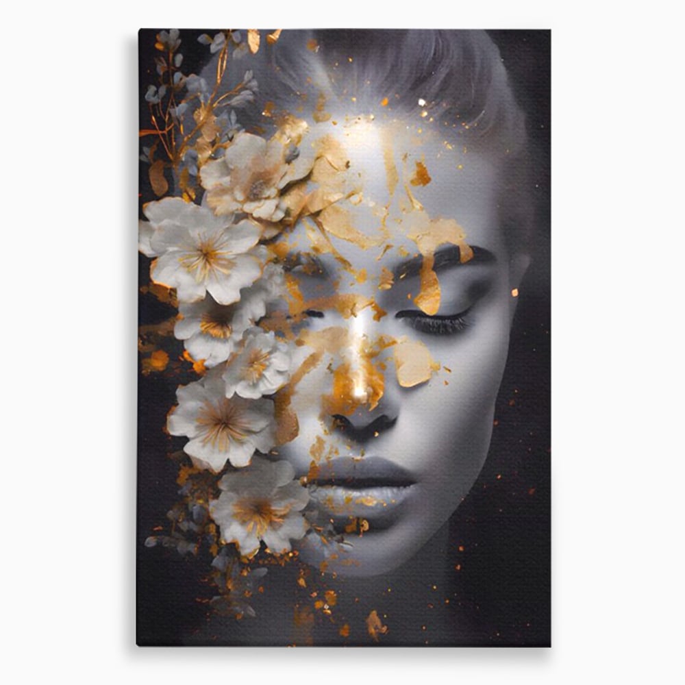 Tablou Canvas Premium LuxCanva® A1428, Face With Flowers , Dormitor, Femeie, Flori, Auriu, Decorativ, Living, Culori Vibrante