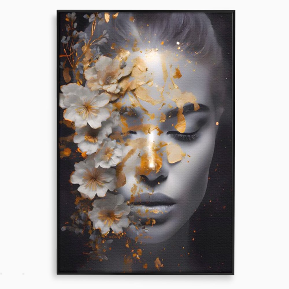 Tablou Canvas Premium LuxCanva® A1428, Face With Flowers , Dormitor, Femeie, Flori, Auriu, Decorativ, Living, Culori Vibrante