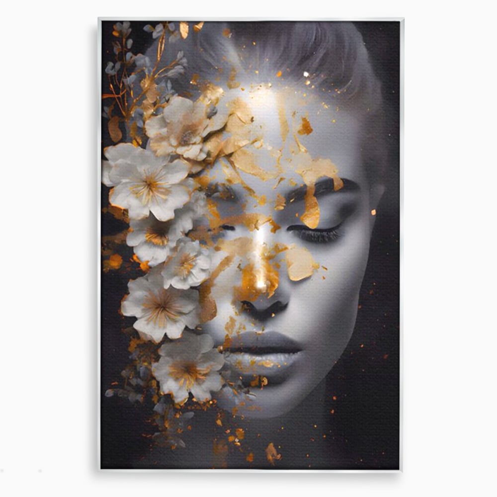 Tablou Canvas Premium LuxCanva® A1428, Face With Flowers , Dormitor, Femeie, Flori, Auriu, Decorativ, Living, Culori Vibrante