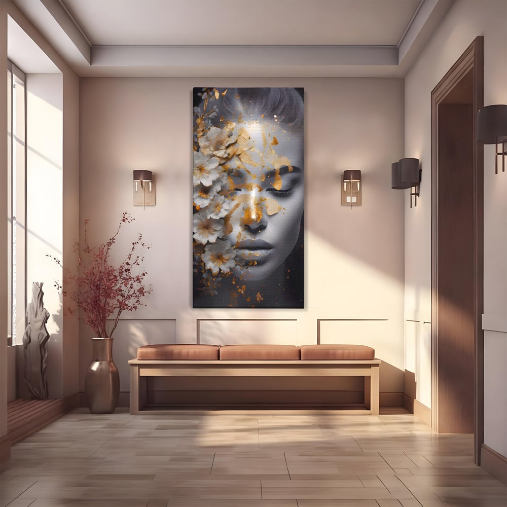 Tablou Canvas Premium LuxCanva® A1428, Face With Flowers , Dormitor, Femeie, Flori, Auriu, Decorativ, Living, Culori Vibrante