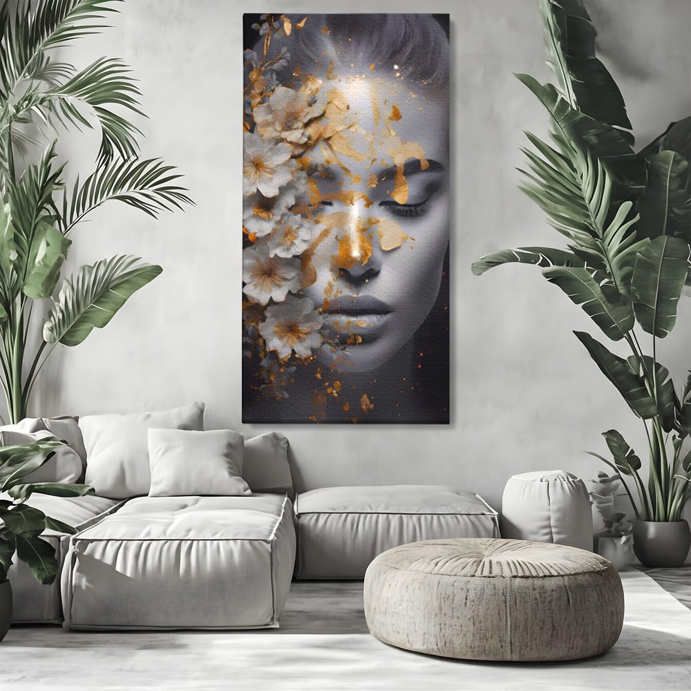 Tablou Canvas Premium LuxCanva® A1428, Face With Flowers , Dormitor, Femeie, Flori, Auriu, Decorativ, Living, Culori Vibrante