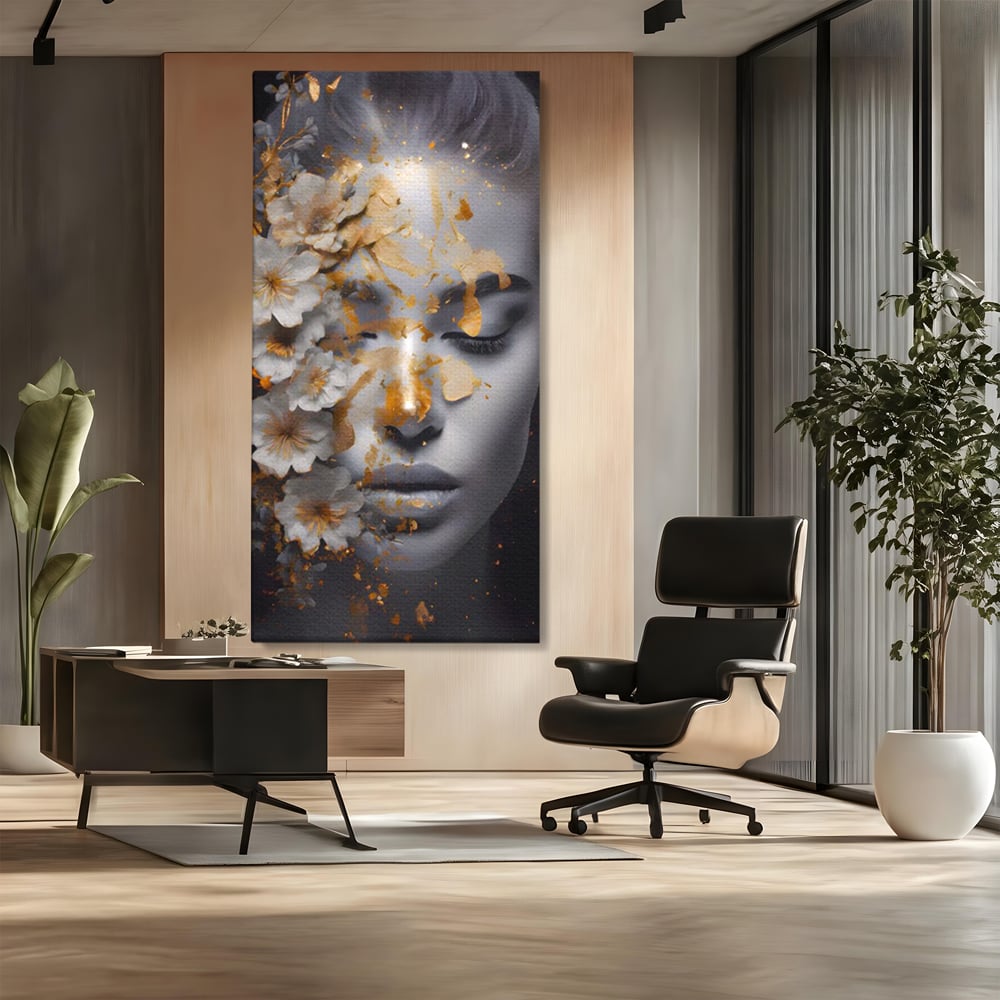 Tablou Canvas Premium LuxCanva® A1428, Face With Flowers , Dormitor, Femeie, Flori, Auriu, Decorativ, Living, Culori Vibrante