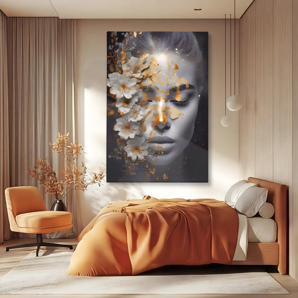 Tablou Canvas Premium LuxCanva® A1428, Face With Flowers , Dormitor, Femeie, Flori, Auriu, Decorativ, Living, Culori Vibrante