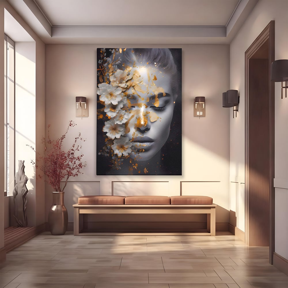 Tablou Canvas Premium LuxCanva® A1428, Face With Flowers , Dormitor, Femeie, Flori, Auriu, Decorativ, Living, Culori Vibrante