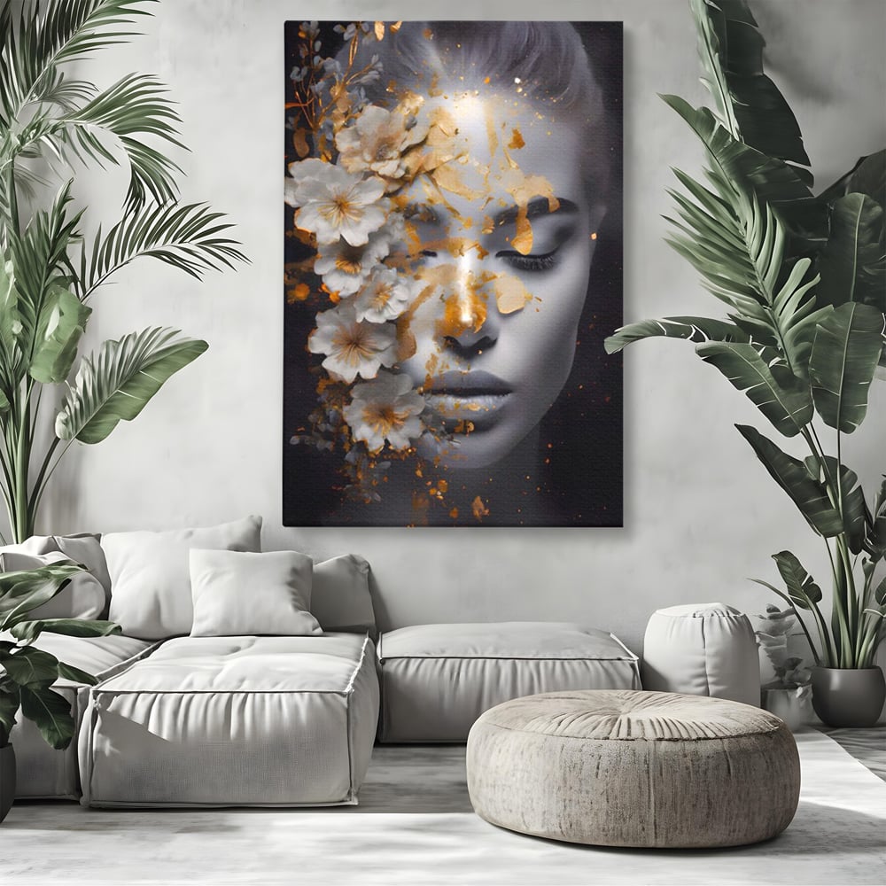Tablou Canvas Premium LuxCanva® A1428, Face With Flowers , Dormitor, Femeie, Flori, Auriu, Decorativ, Living, Culori Vibrante