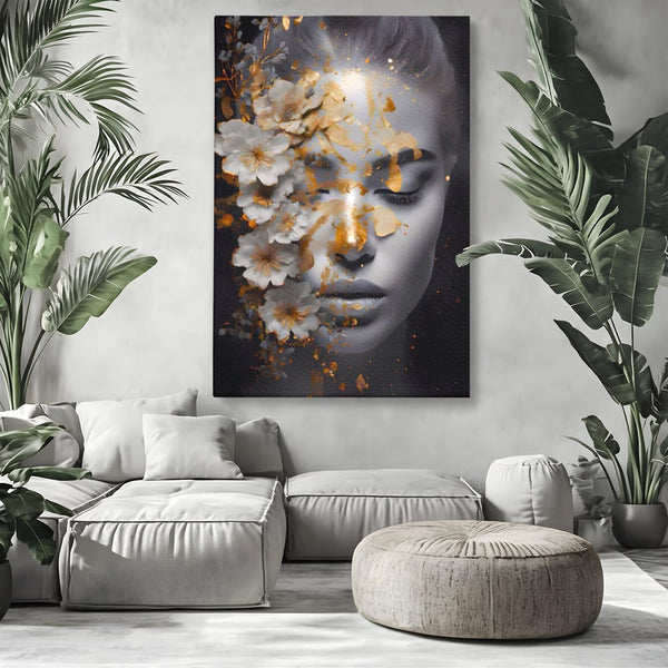 Tablou Canvas Premium LuxCanva® A1428, Face With Flowers , Dormitor, Femeie, Flori, Auriu, Decorativ, Living, Culori Vibrante